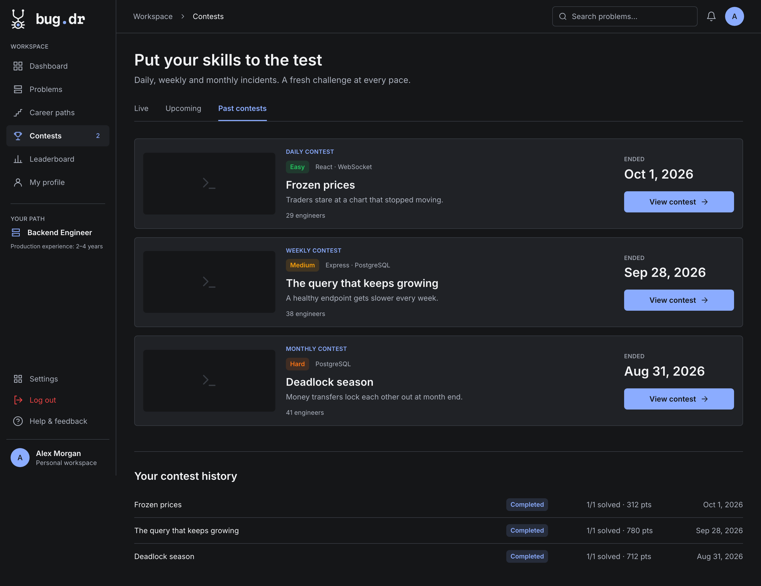 Contests page showing live daily, weekly and monthly incidents with countdowns and a contest history table.
