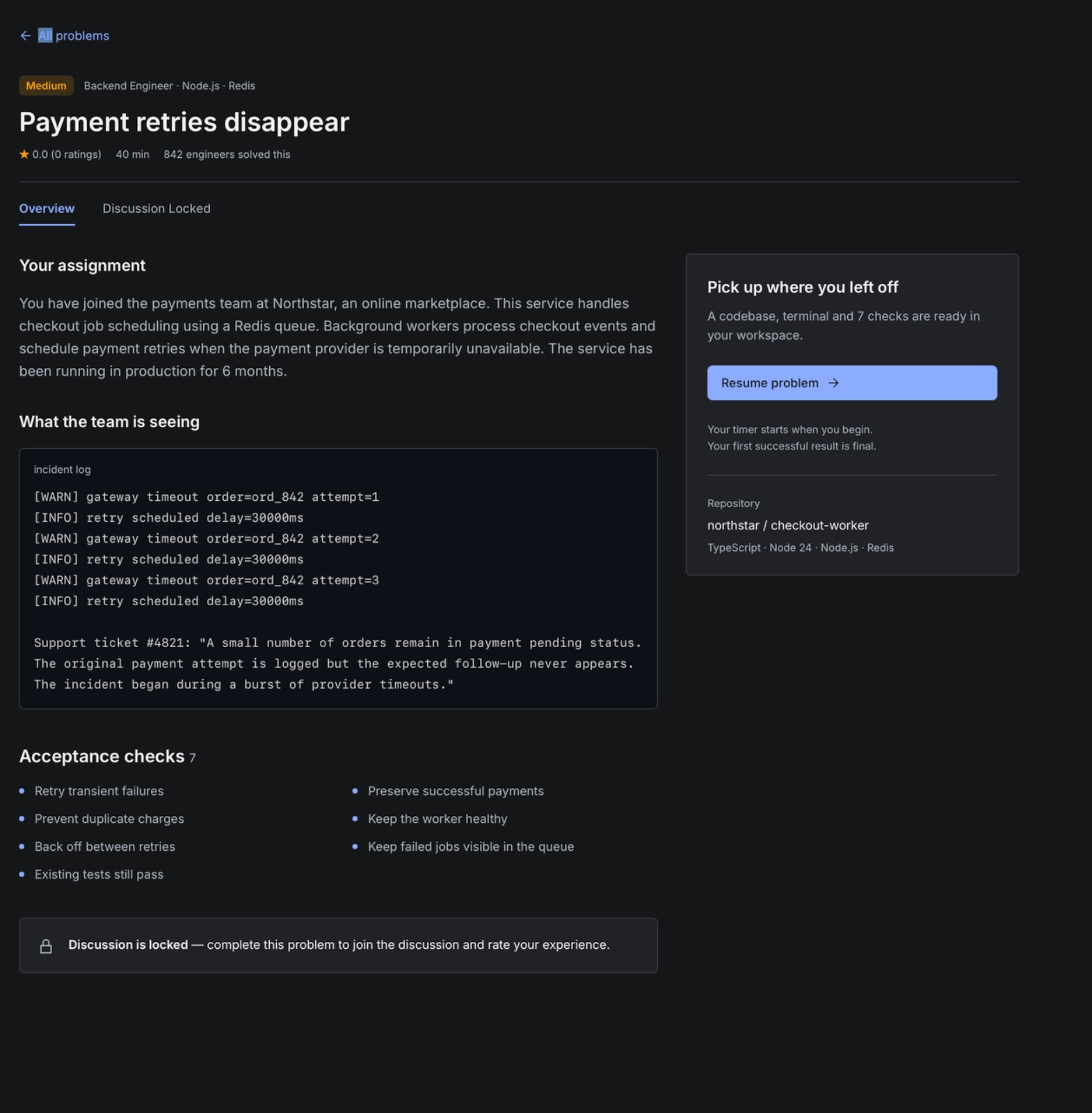Payment retries problem page showing the assignment, incident log and acceptance checks.